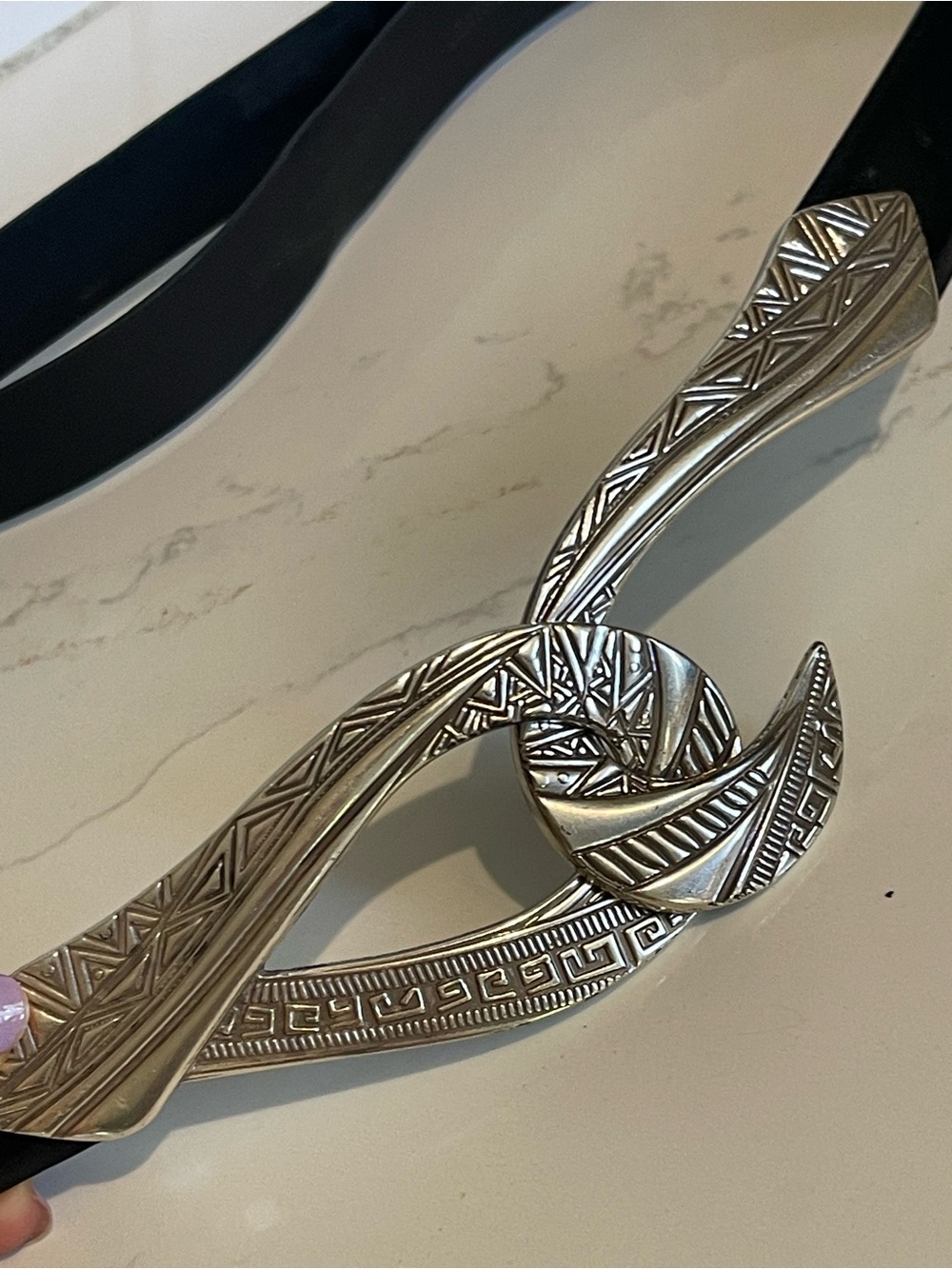 Chico's Silver-Tone Engraved Twist Buckle Belt M/L